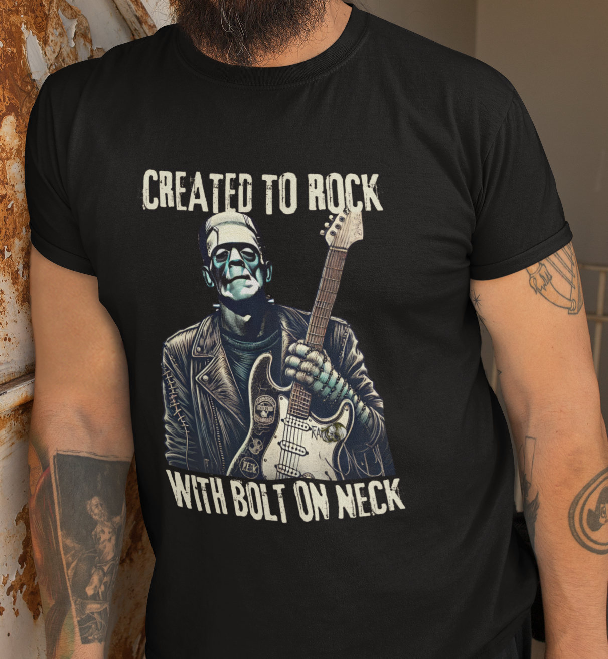Crafted To Rock, With Bolt-on Neck, Frankenstein With Guitar, T-Shirt.