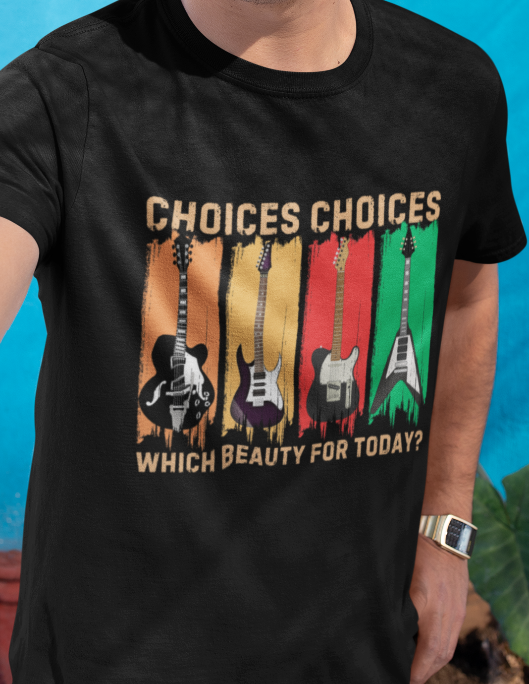 Rock Guitar T‑Shirt — "Choices Choices, Which Beauty for Today" Retro Guitar Types
