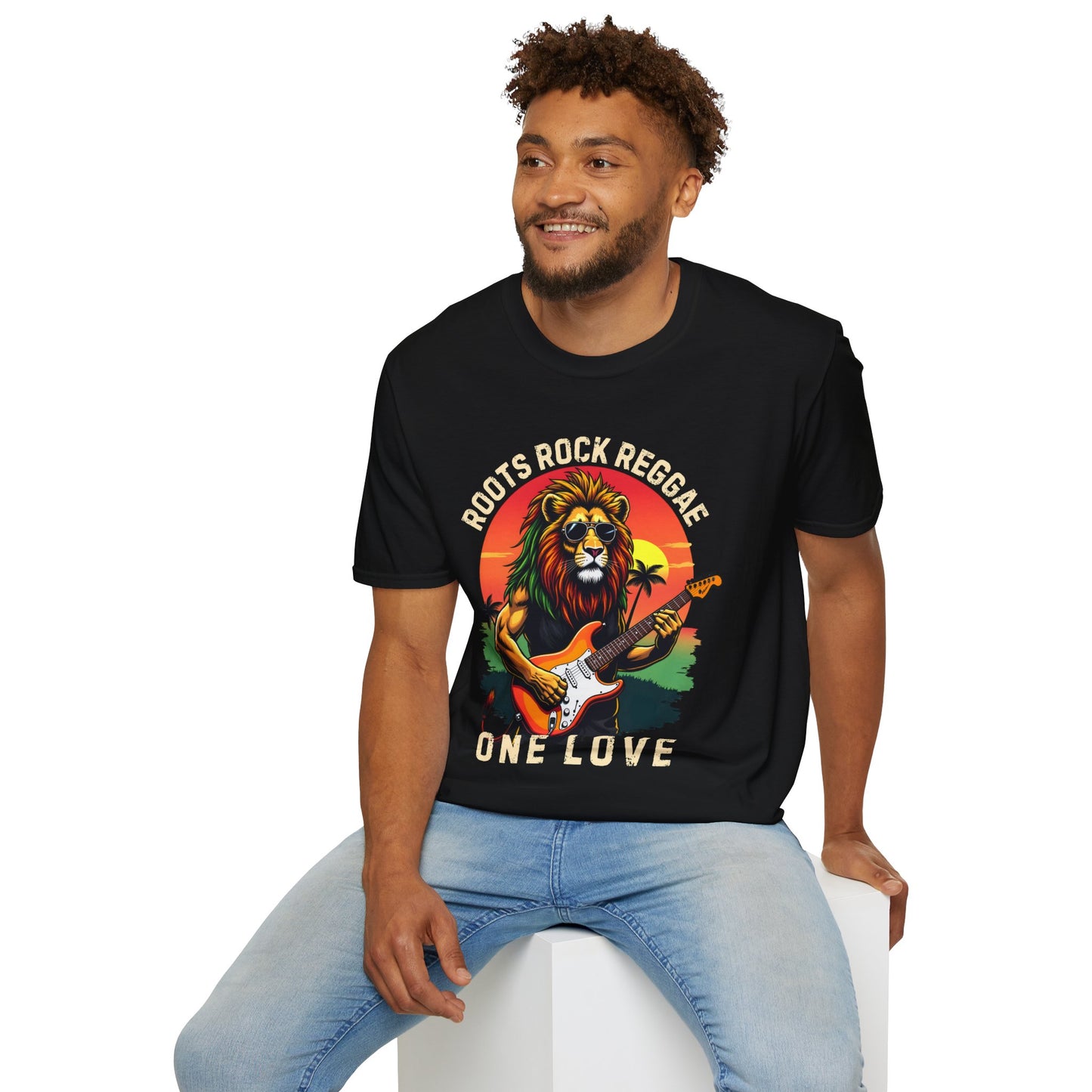 Graphic T-Shirt - Zion Lion Rock Guitar Retro Sunset with Roots Rock Reggae & One Love Slogans