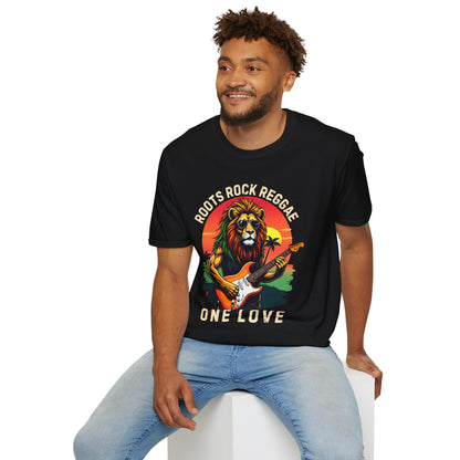 Graphic T-Shirt - Zion Lion Rock Guitar Retro Sunset with Roots Rock Reggae & One Love Slogans