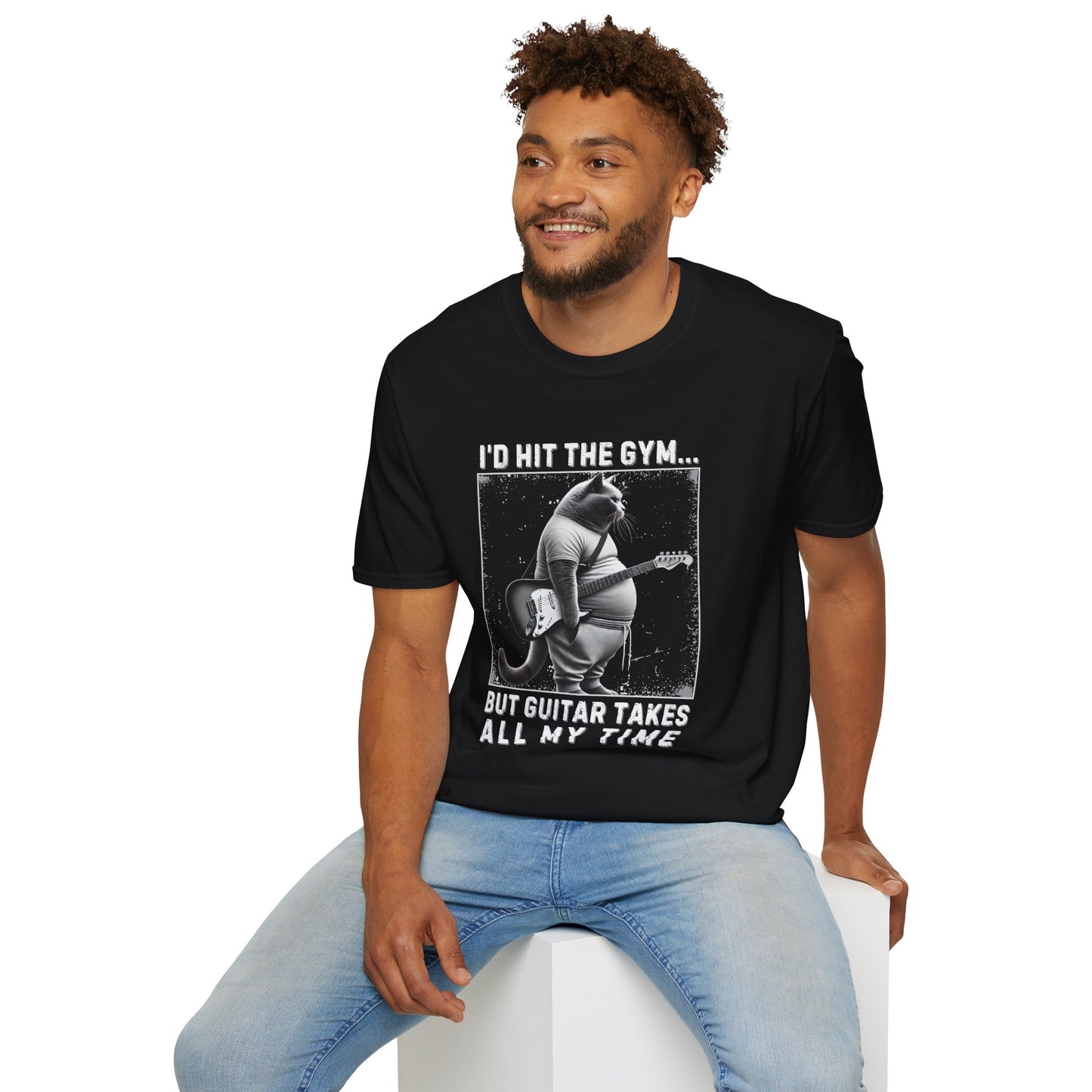 Fat Cat Guitarist T-Shirt — "I'd Hit the Gym, But Guitar Takes All My Time" Humorous Tee