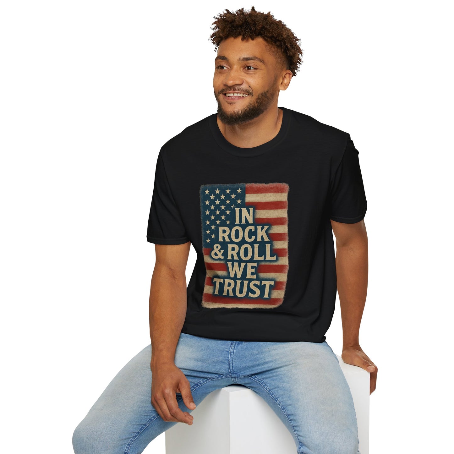 Rock & Roll T-Shirt — "In Rock & Roll We Trust" USA Flag Patriotic Tee