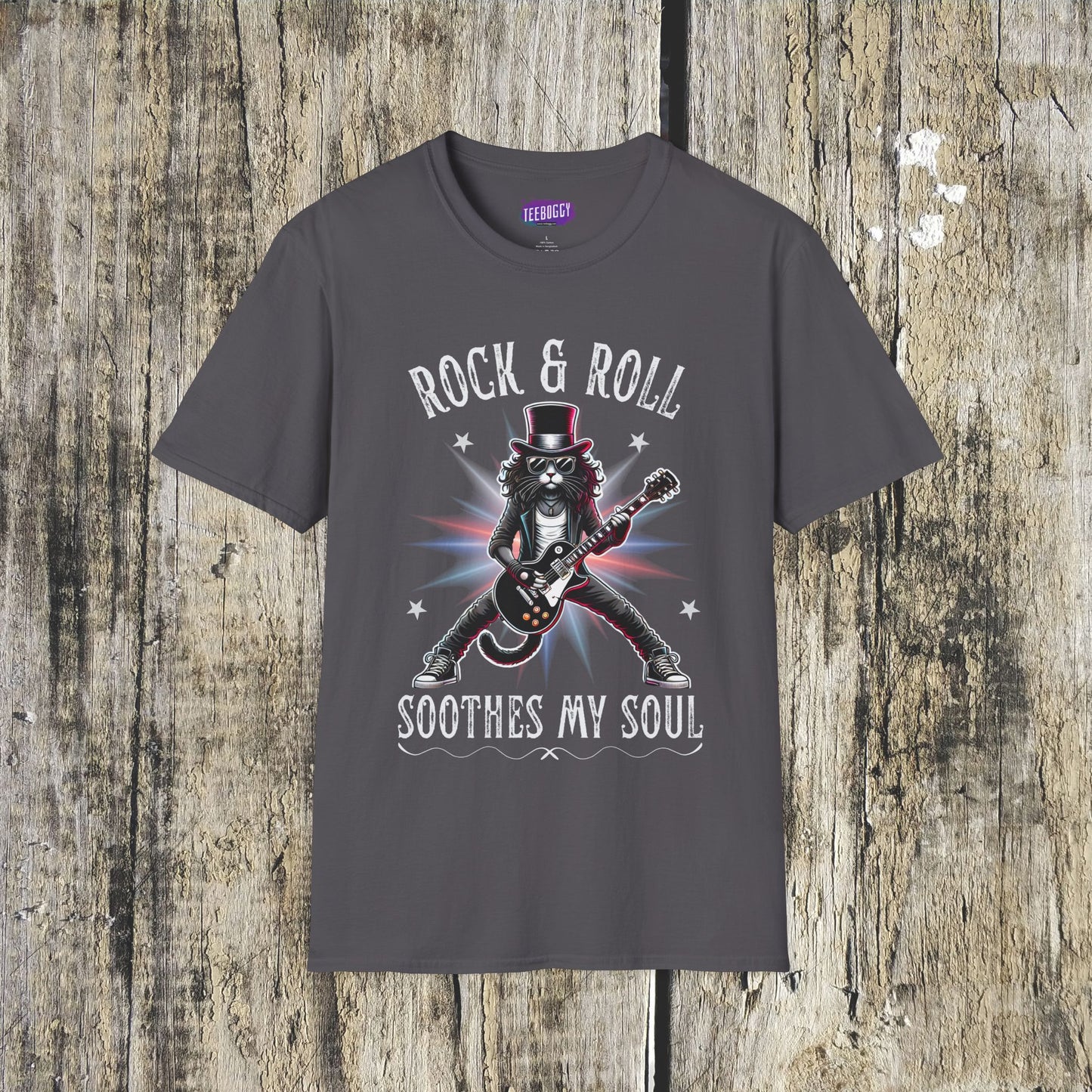 Rocker Cat T-Shirt, Rock & Roll, Soothes My Soul Design