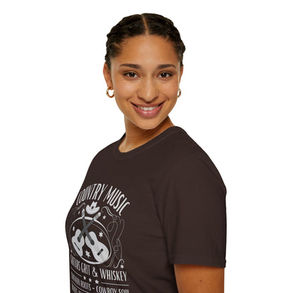 Country Music Whisky Label T-Shirt — Guitars, Grit & Cowboy Hat