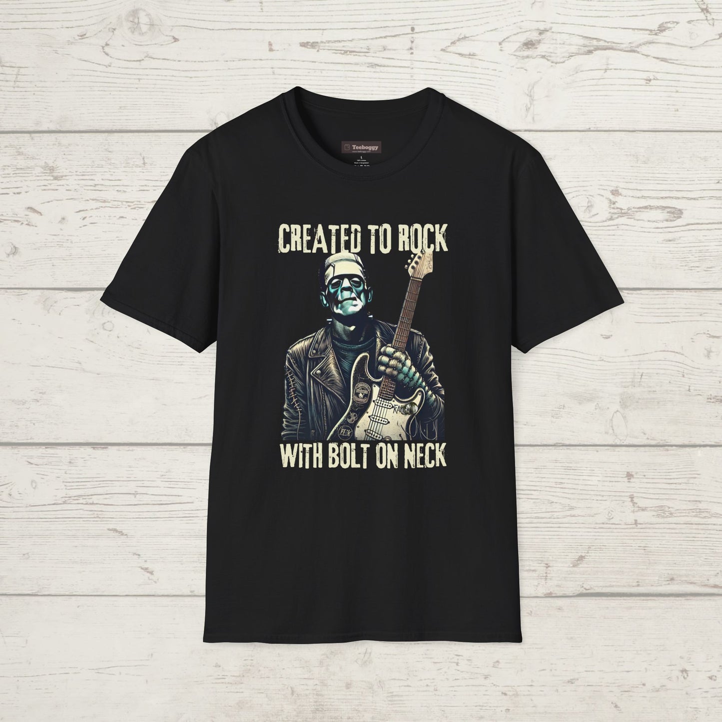 Crafted To Rock, With Bolt-on Neck, Frankenstein With Guitar, T-Shirt.