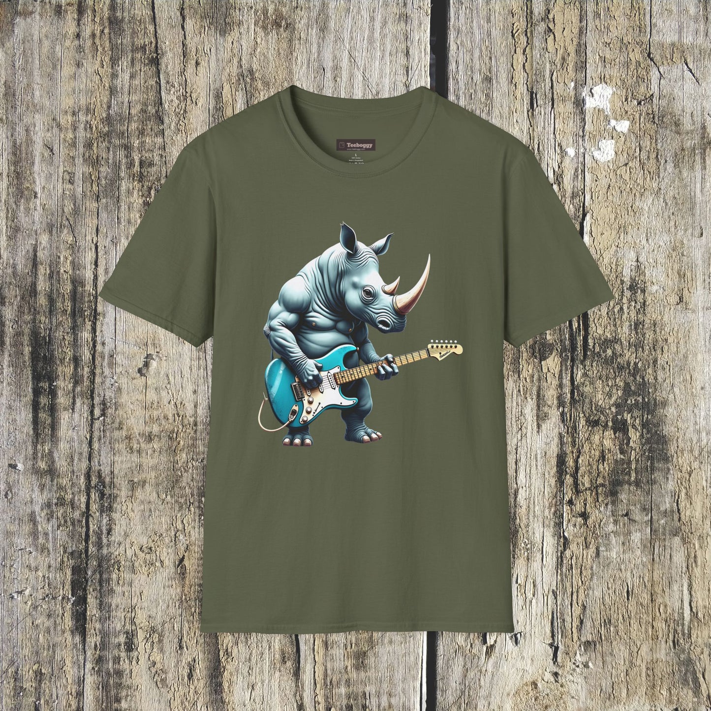 Rock Guitar Rhino T-Shirt — Rhinoceros Playing Electric Guitar Graphic Tee