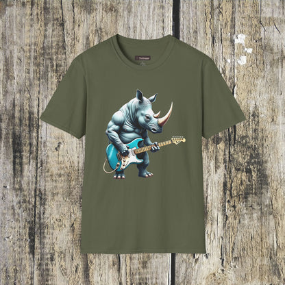 Rock Guitar Rhino T-Shirt — Rhinoceros Playing Electric Guitar Graphic Tee