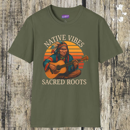 Native Vibes Softstyle T-Shirt with Elder Native American Playing Guitar