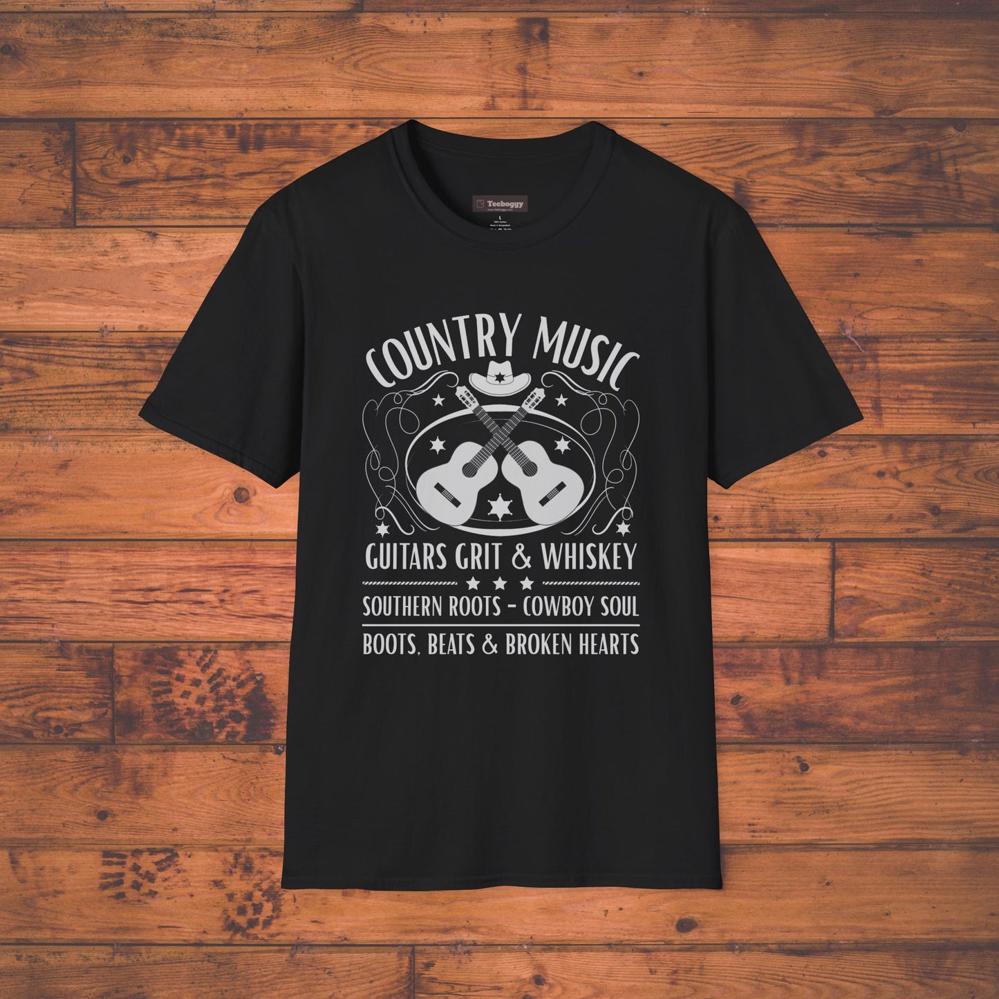 Country Music Whisky Label T-Shirt — Guitars, Grit & Cowboy Hat