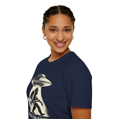 Bigfoot Guitar Tee — UFO Searchlight Humorous Sasquatch T-Shirt