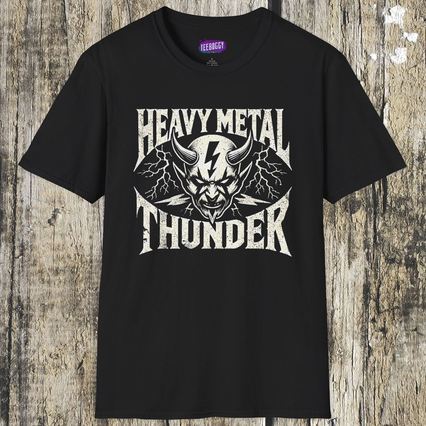 Heavy Metal T-Shirt with Devil's Horns & Thunder Bolt Design