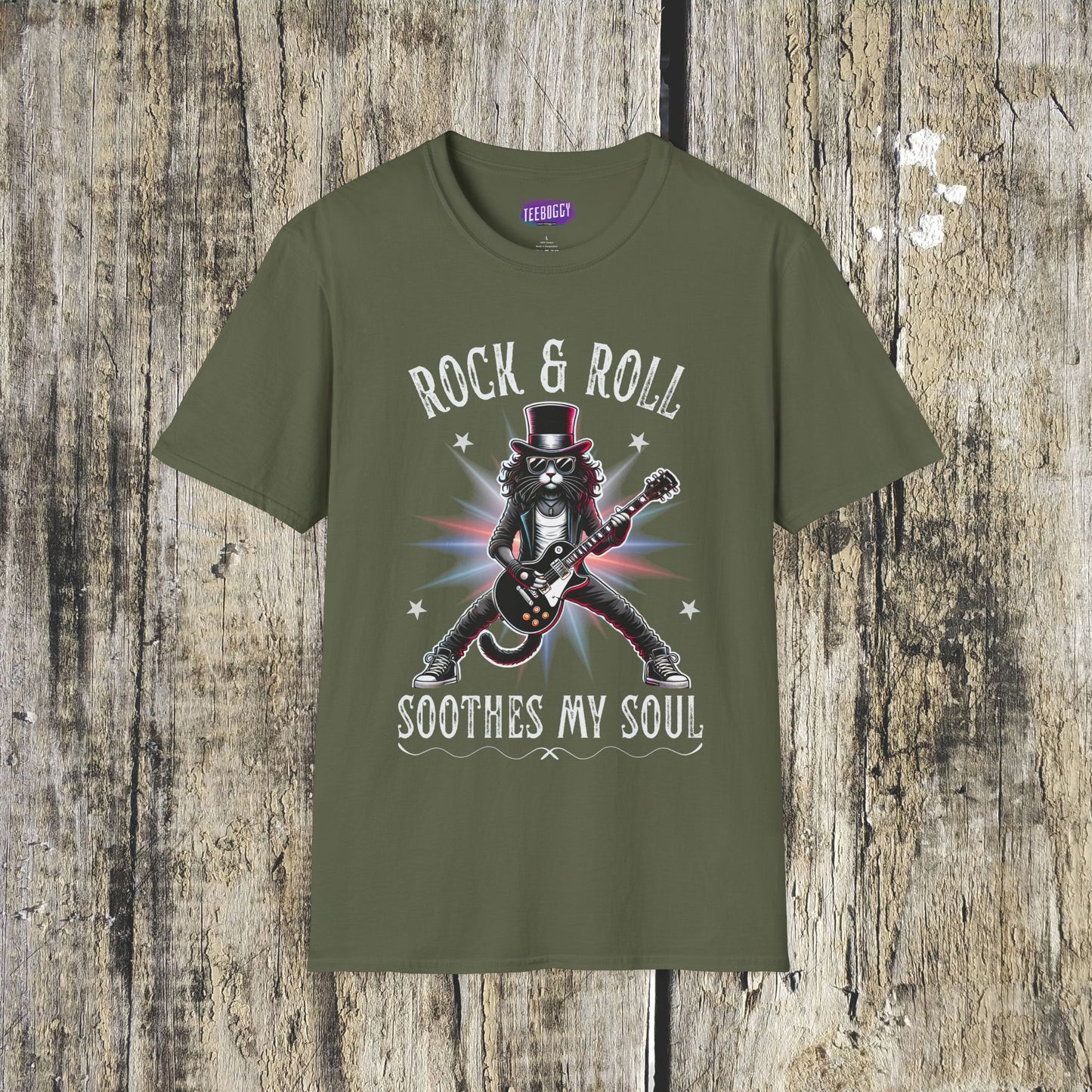Rocker Cat T-Shirt, Rock & Roll, Soothes My Soul Design