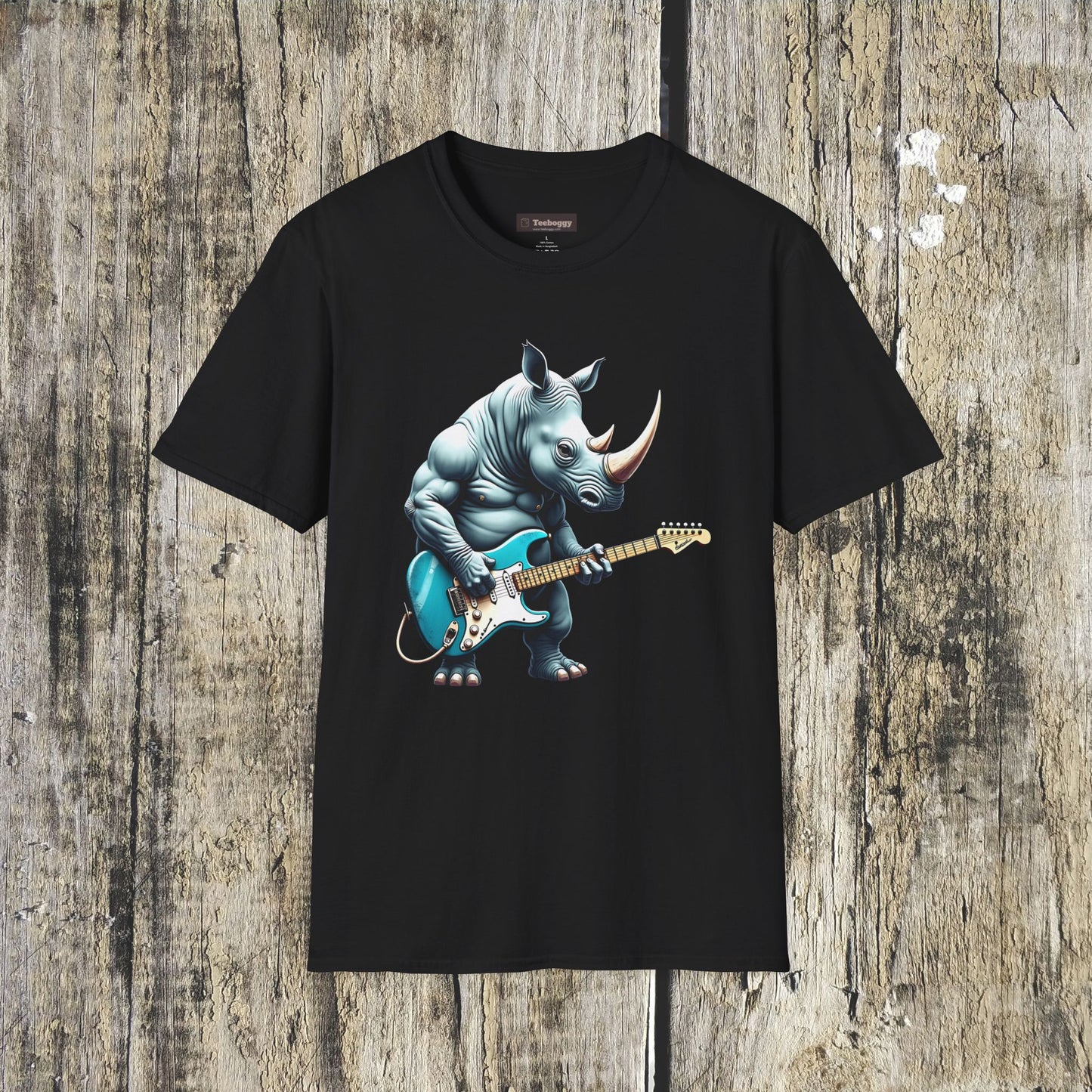 Rock Guitar Rhino T-Shirt — Rhinoceros Playing Electric Guitar Graphic Tee