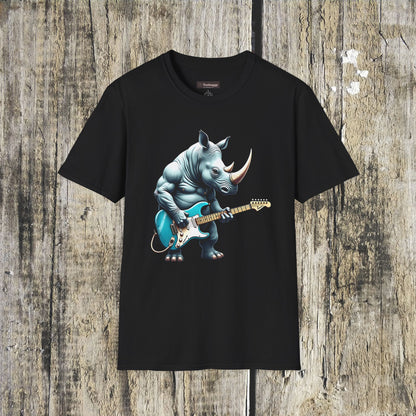 Rock Guitar Rhino T-Shirt — Rhinoceros Playing Electric Guitar Graphic Tee