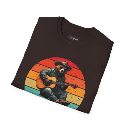 Daddy Bear T-Shirt — Grizzly Dad Playing Acoustic Guitar Retro Sun Design