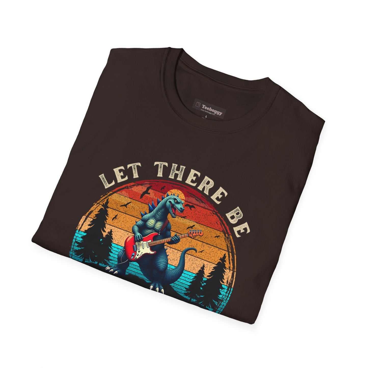 Rock & Roll Dinosaur T-Shirt — "Let There Be Rock and Roll" Guitar Dino Tee