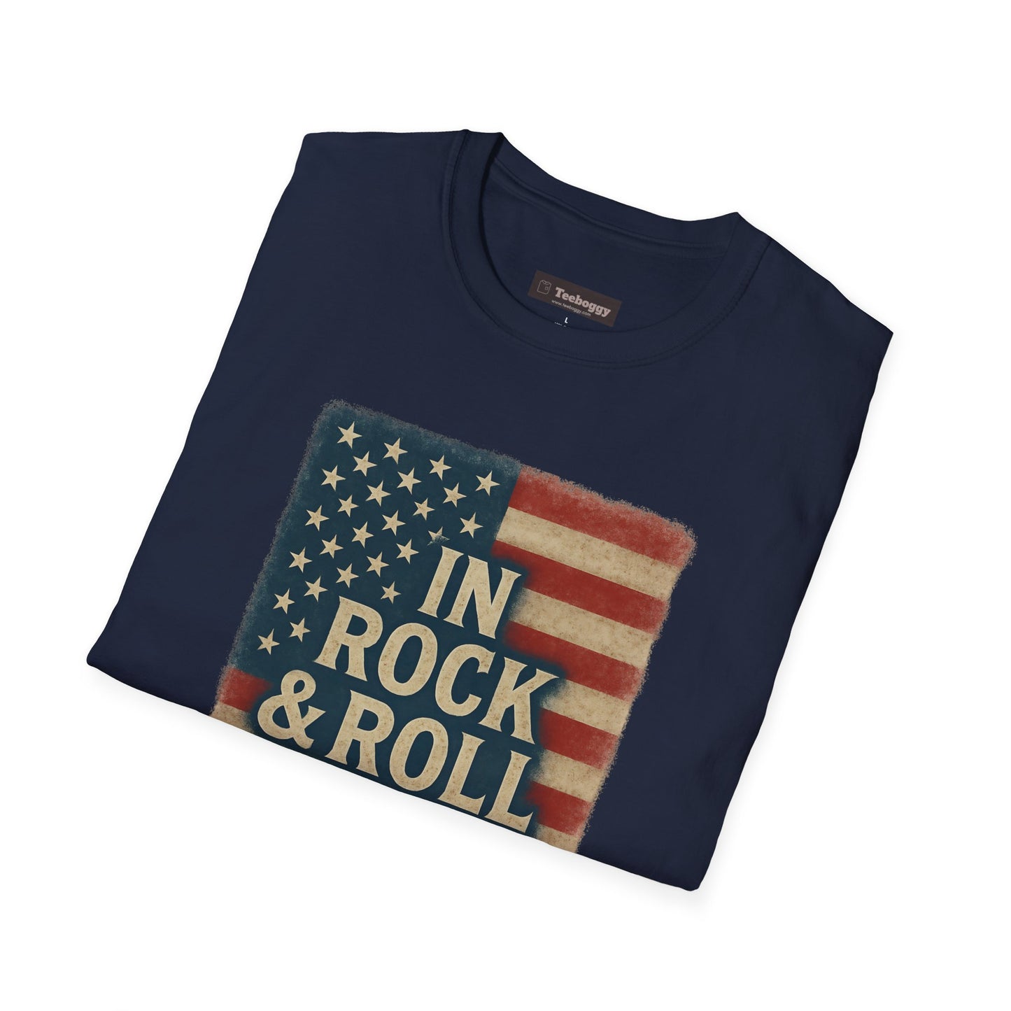 Rock & Roll T-Shirt — "In Rock & Roll We Trust" USA Flag Patriotic Tee
