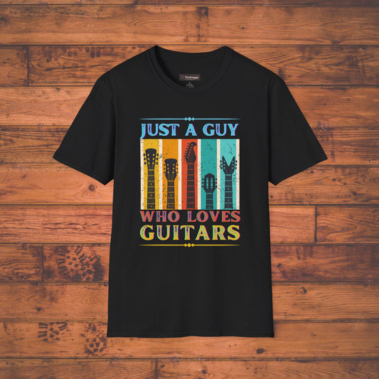 Just a Guy Who Loves Guitars T-Shirt — Retro Guitar Neck Design