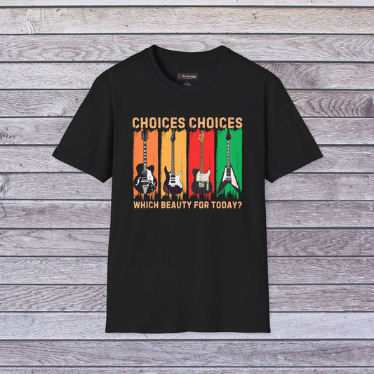 Rock Guitar T‑Shirt — "Choices Choices, Which Beauty for Today" Retro Guitar Types