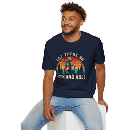 Rock & Roll Dinosaur T-Shirt — "Let There Be Rock and Roll" Guitar Dino Tee