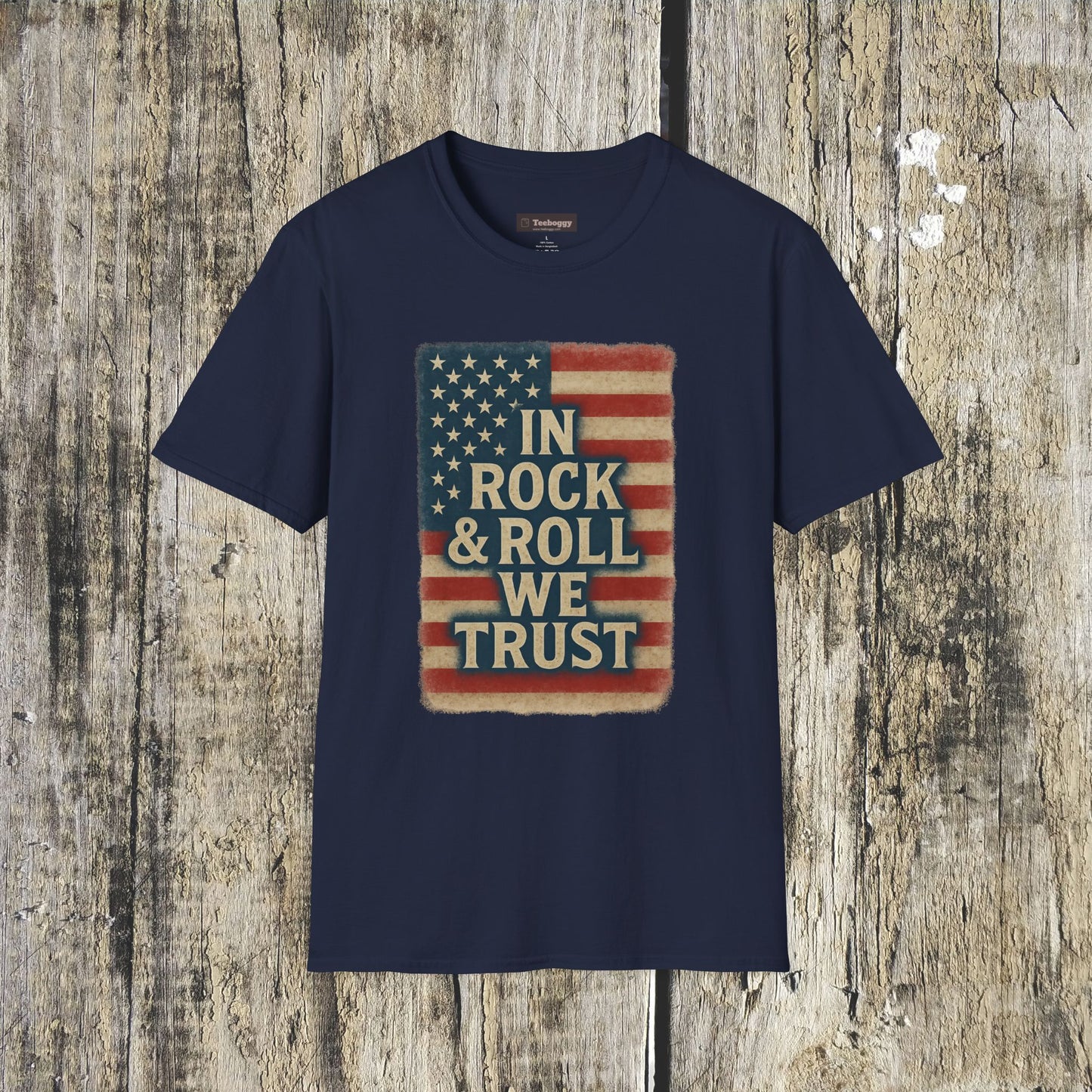 Rock & Roll T-Shirt — "In Rock & Roll We Trust" USA Flag Patriotic Tee