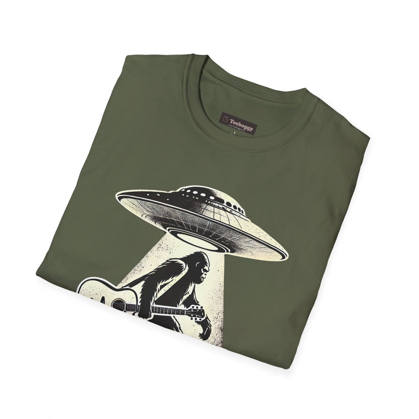 Bigfoot Guitar Tee — UFO Searchlight Humorous Sasquatch T-Shirt