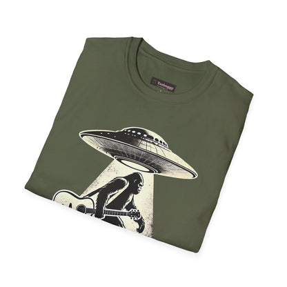 Bigfoot Guitar Tee — UFO Searchlight Humorous Sasquatch T-Shirt