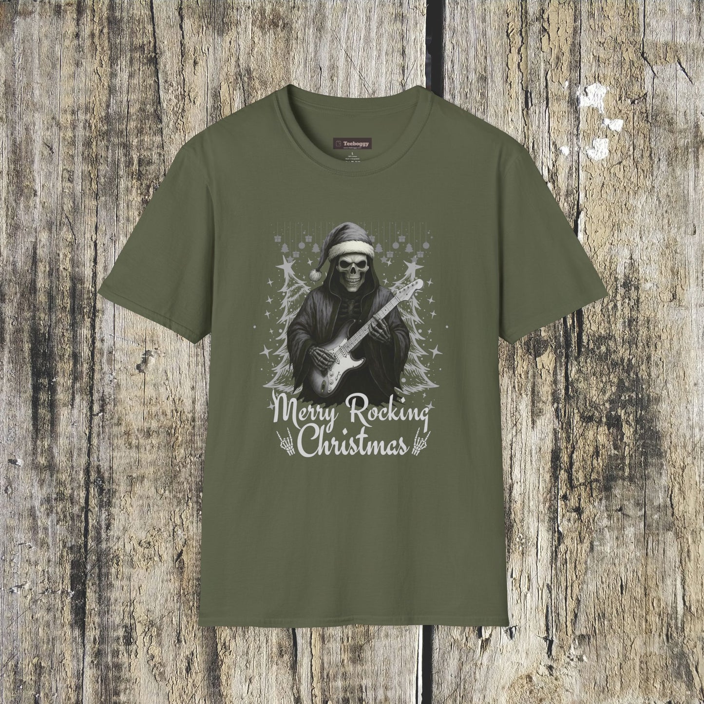 Merry Rocking Christmas Skeleton Santa T-Shirt