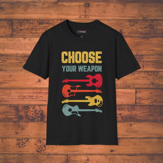 Guitar T-Shirt with 'Choose Your Weapon' Slogan