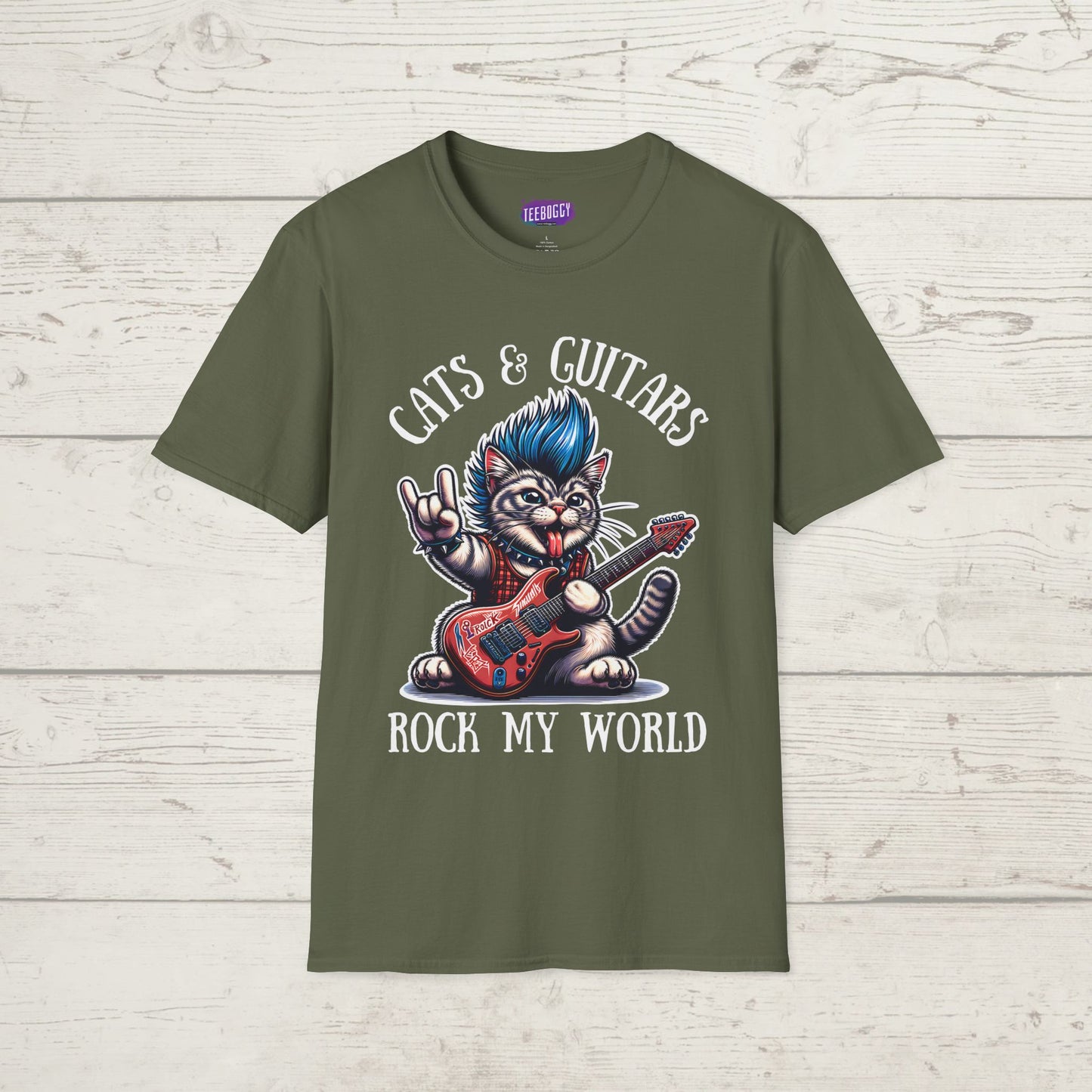 Rocker Cat T-Shirt with 'Cats & Guitars Rock My World' Slogan