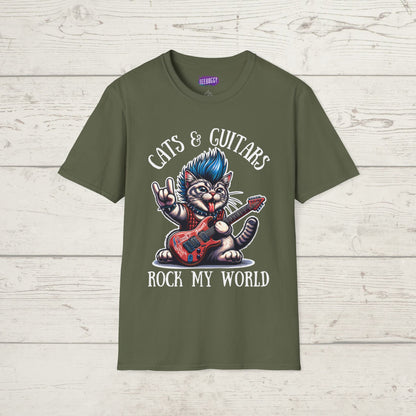 Rocker Cat T-Shirt with 'Cats & Guitars Rock My World' Slogan