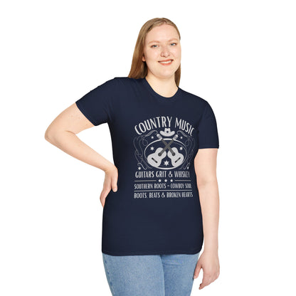 Country Music Whisky Label T-Shirt — Guitars, Grit & Cowboy Hat
