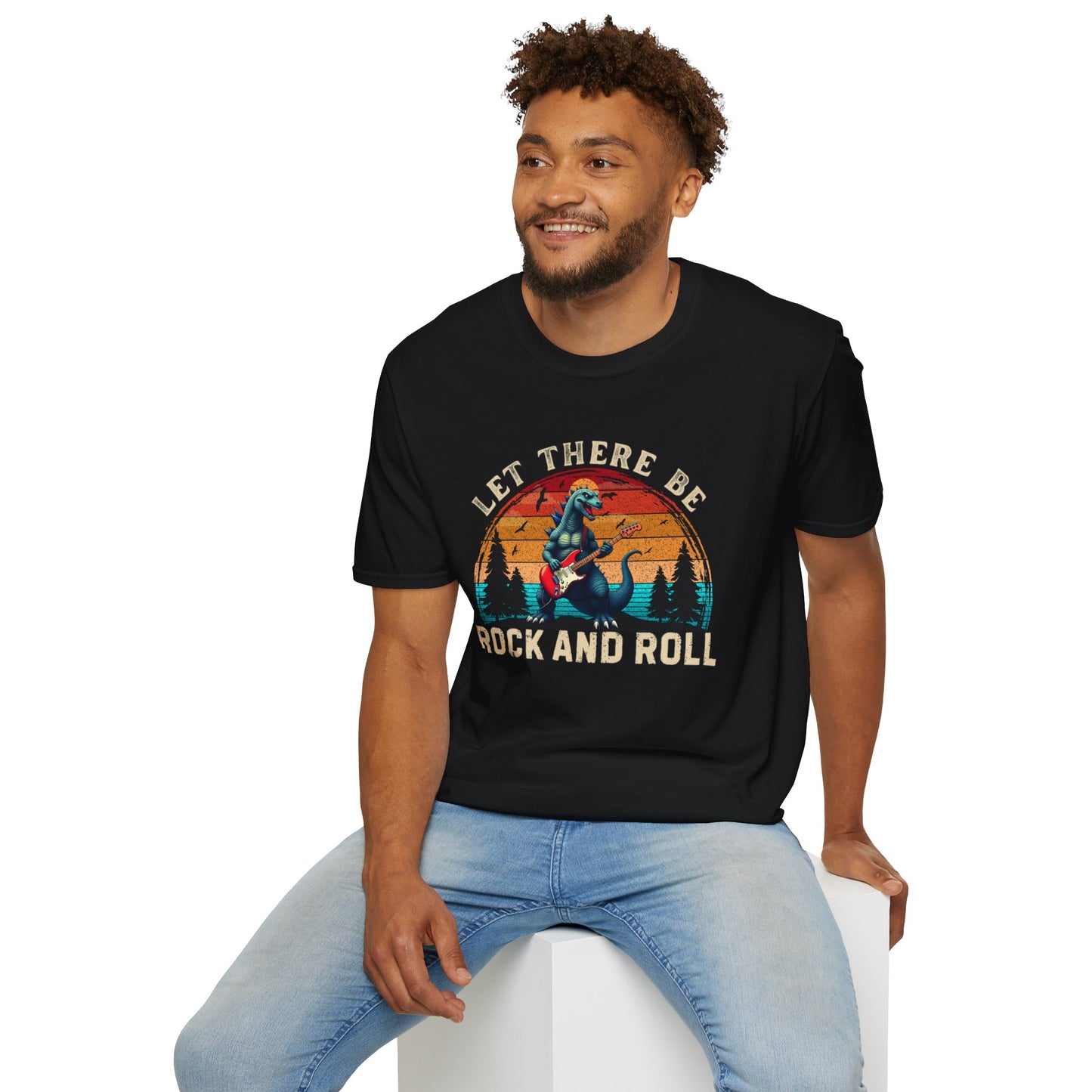 Rock & Roll Dinosaur T-Shirt — "Let There Be Rock and Roll" Guitar Dino Tee