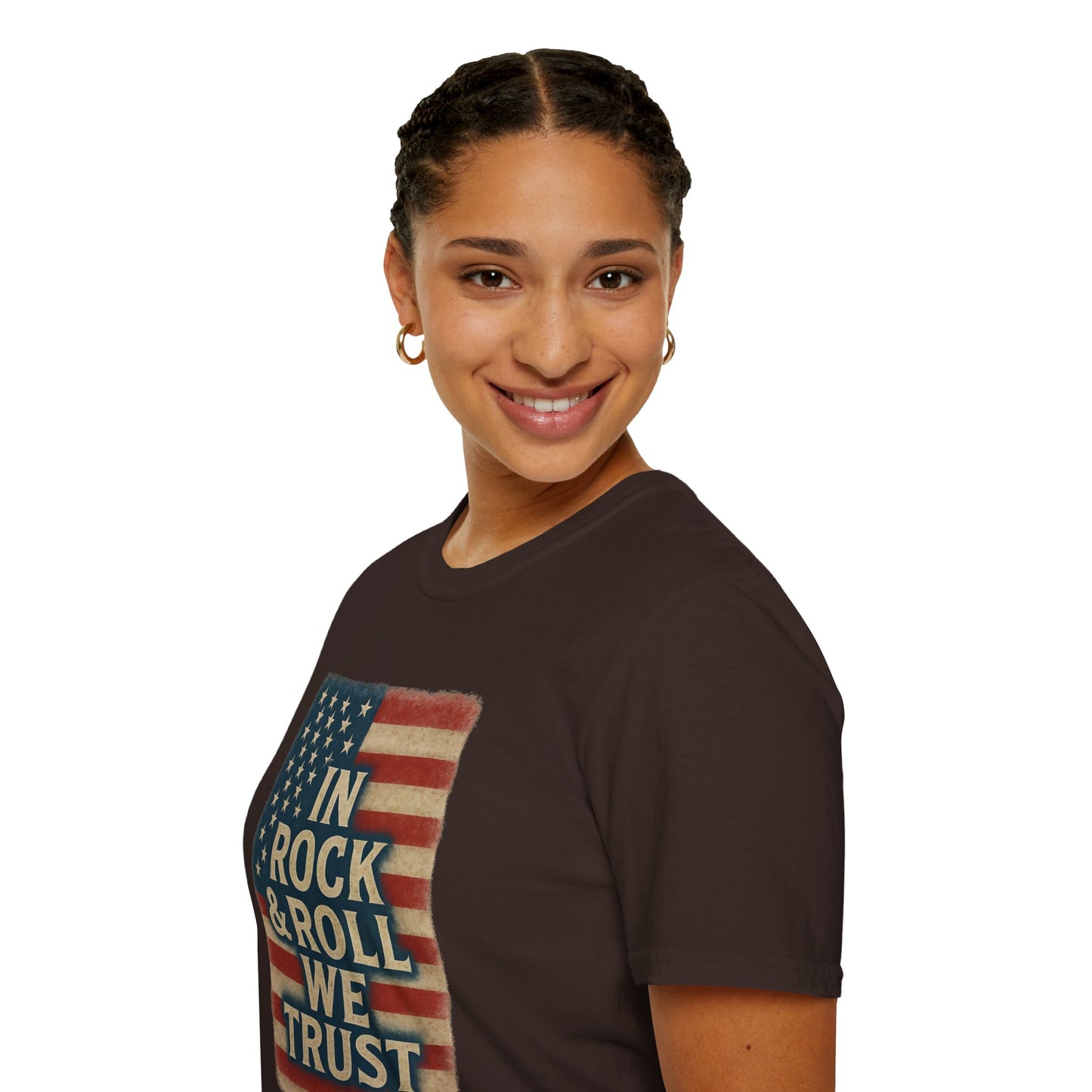 Rock & Roll T-Shirt — "In Rock & Roll We Trust" USA Flag Patriotic Tee