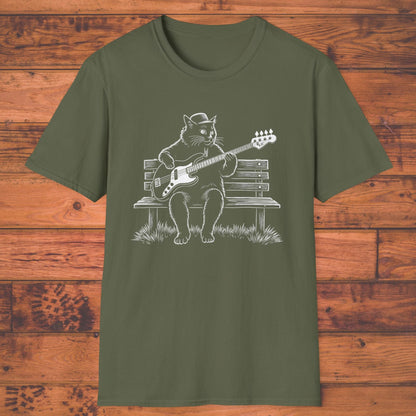 Bass Cat T‑Shirt — Cat Playing Bass Guitar for Music Lovers