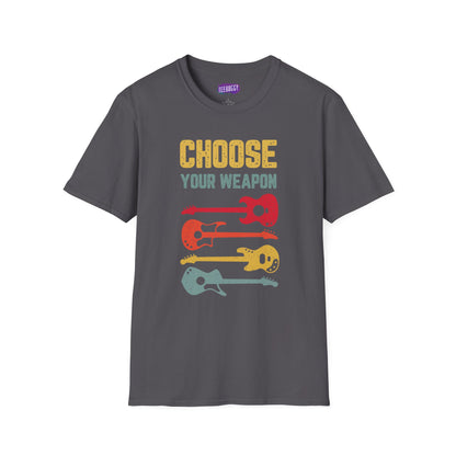 Guitar T-Shirt with 'Choose Your Weapon' Slogan