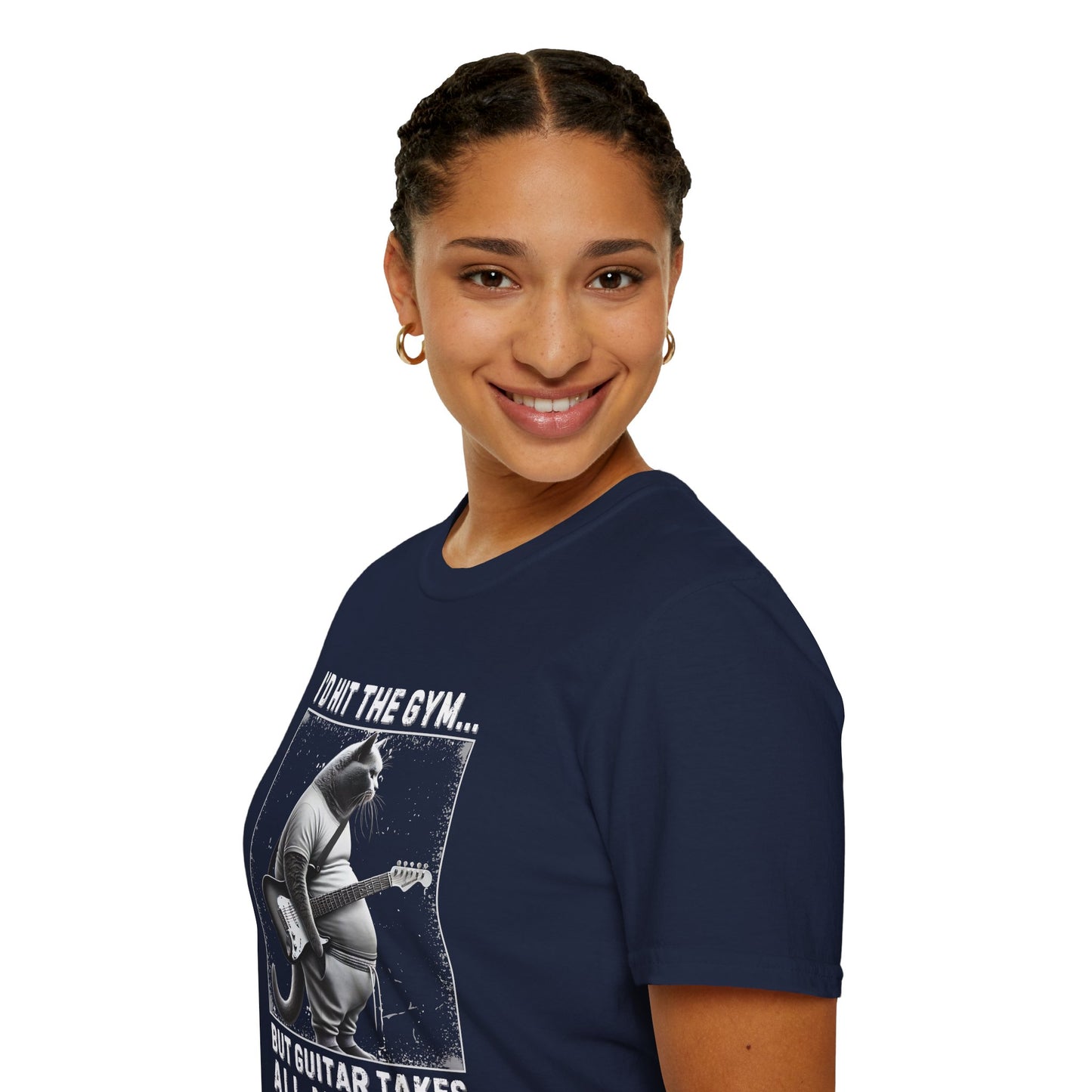 Fat Cat Guitarist T-Shirt — "I'd Hit the Gym, But Guitar Takes All My Time" Humorous Tee