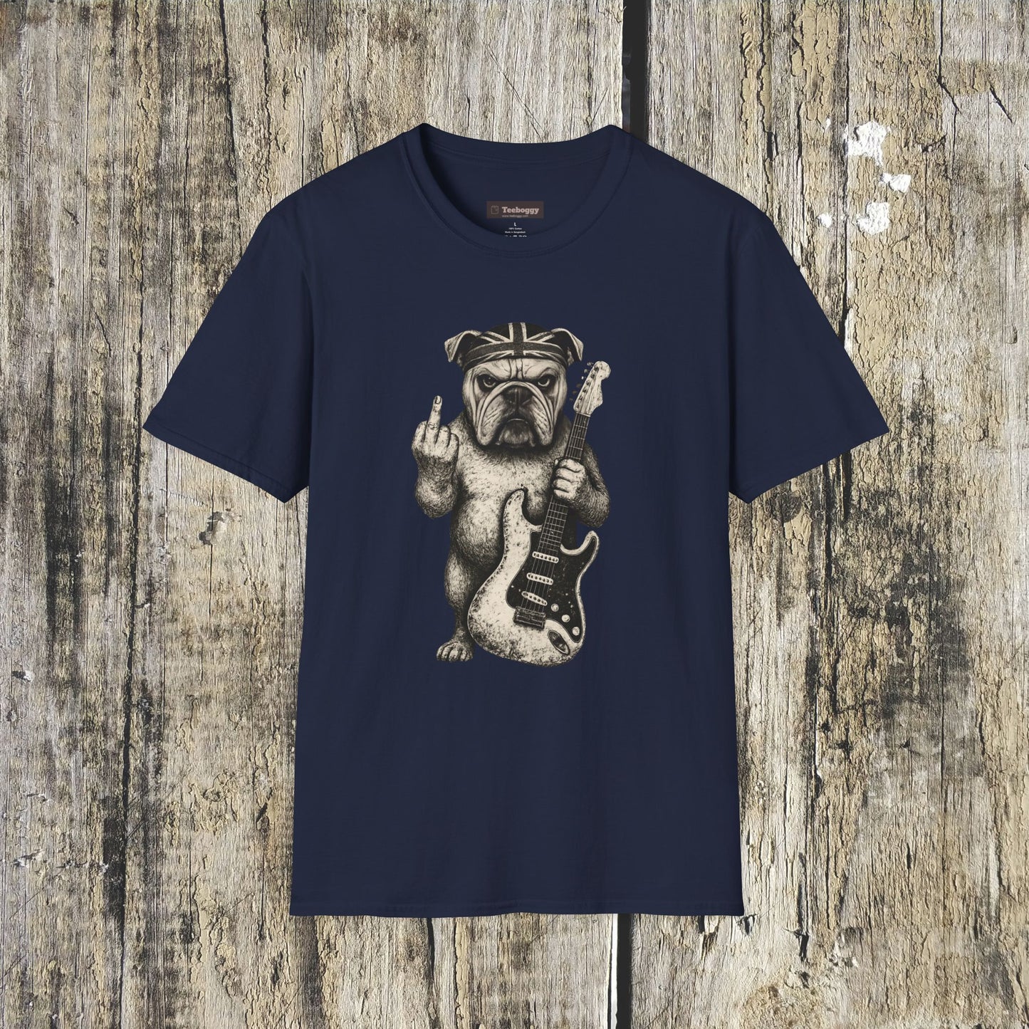 Bulldog Rock Rebel T-Shirt — Guitar-Slinging Middle Finger Design
