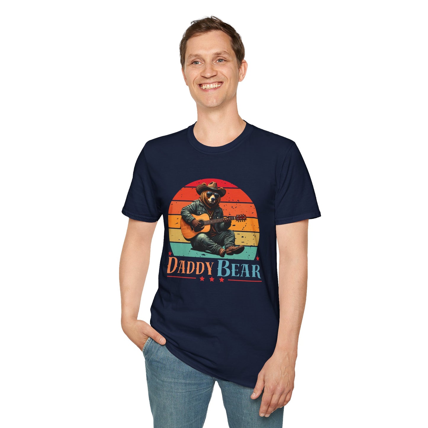 Daddy Bear T-Shirt — Grizzly Dad Playing Acoustic Guitar Retro Sun Design