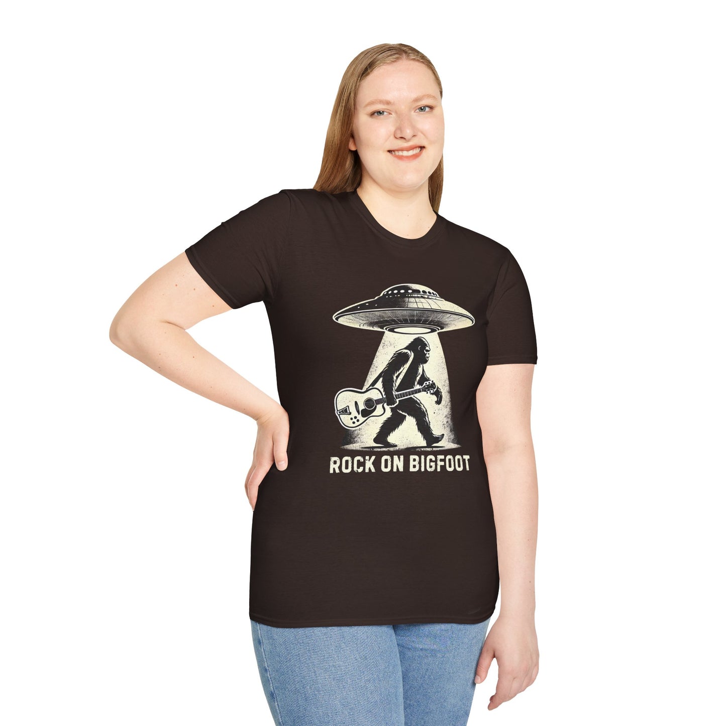 Bigfoot Guitar Tee — UFO Searchlight Humorous Sasquatch T-Shirt