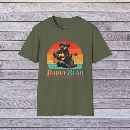 Daddy Bear T-Shirt — Grizzly Dad Playing Acoustic Guitar Retro Sun Design