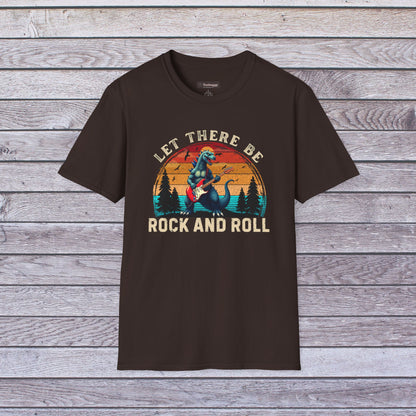 Rock & Roll Dinosaur T-Shirt — "Let There Be Rock and Roll" Guitar Dino Tee