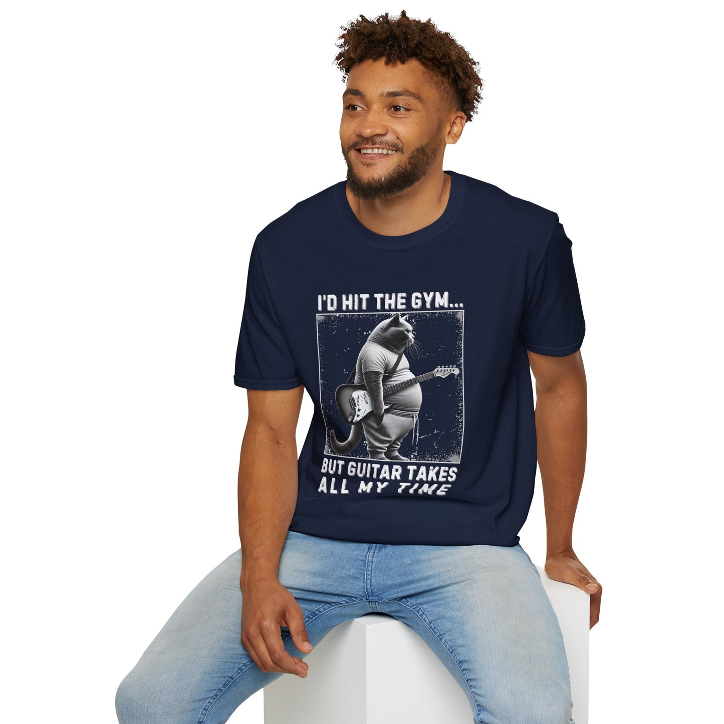 Fat Cat Guitarist T-Shirt — "I'd Hit the Gym, But Guitar Takes All My Time" Humorous Tee