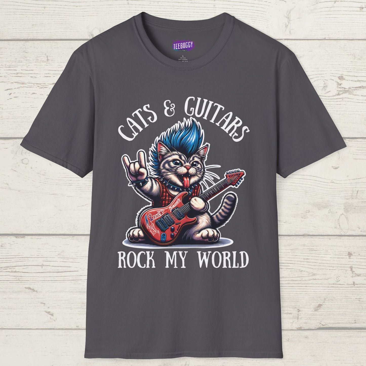 Rocker Cat T-Shirt with 'Cats & Guitars Rock My World' Slogan
