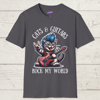 Rocker Cat T-Shirt with 'Cats & Guitars Rock My World' Slogan