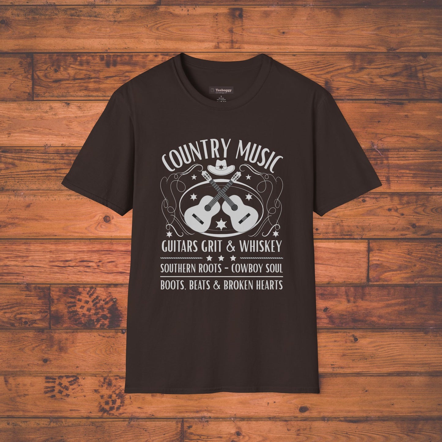 Country Music Whisky Label T-Shirt — Guitars, Grit & Cowboy Hat
