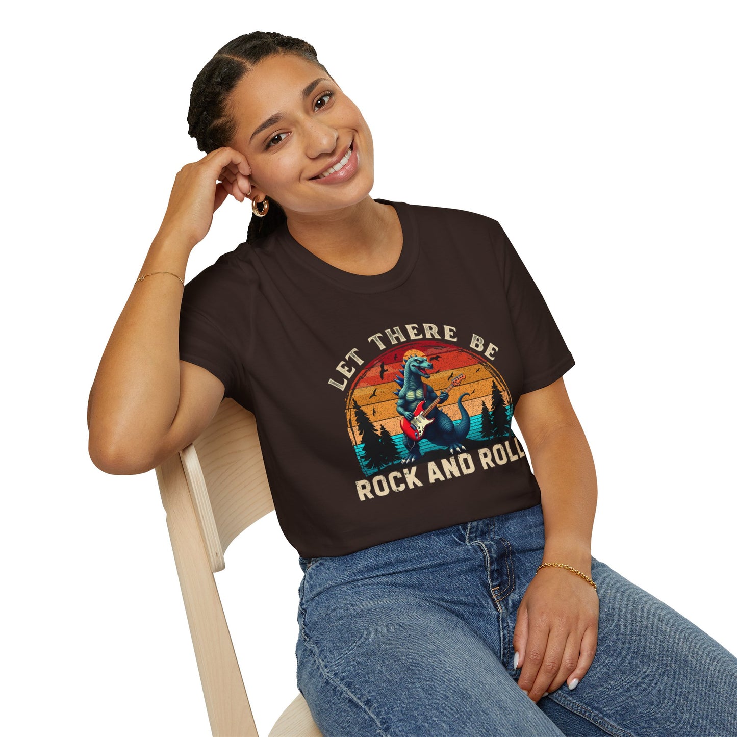 Rock & Roll Dinosaur T-Shirt — "Let There Be Rock and Roll" Guitar Dino Tee
