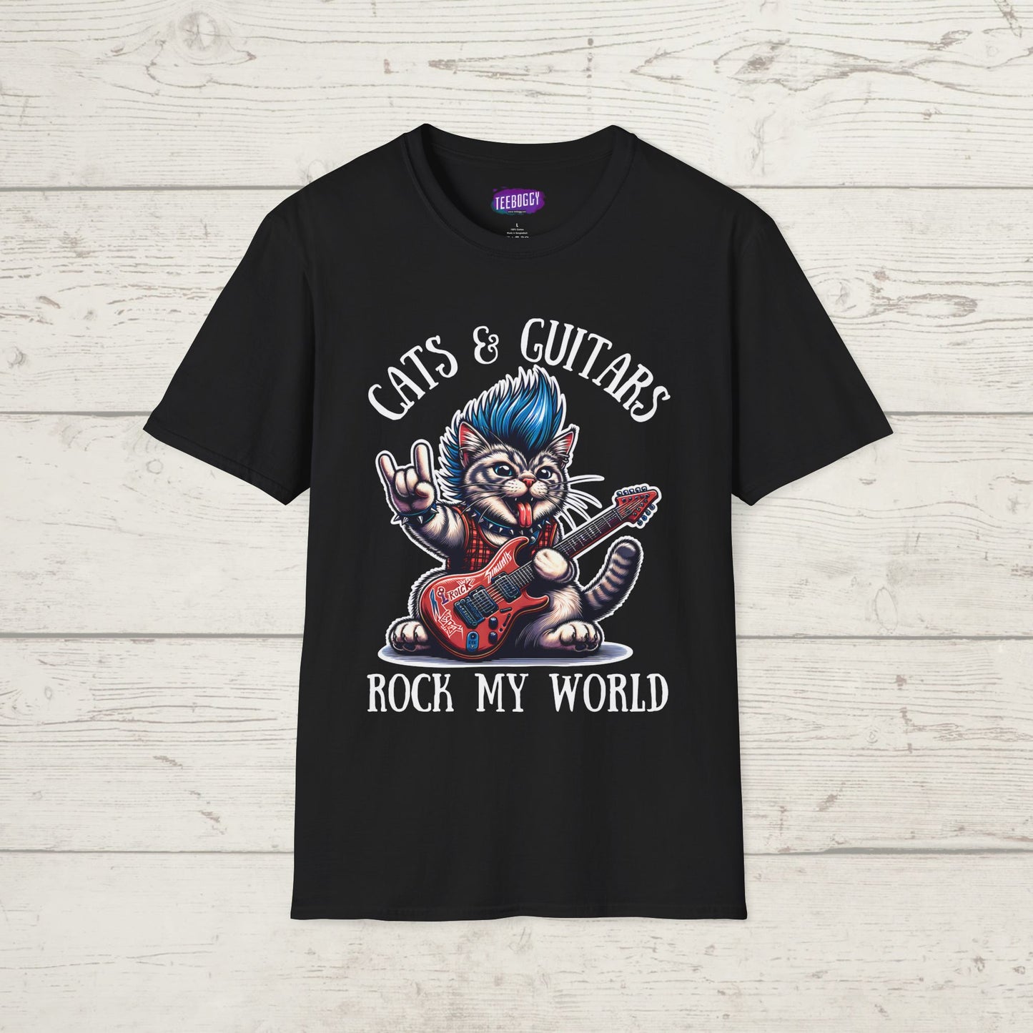 Rocker Cat T-Shirt with 'Cats & Guitars Rock My World' Slogan
