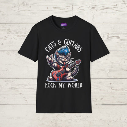 Rocker Cat T-Shirt with 'Cats & Guitars Rock My World' Slogan