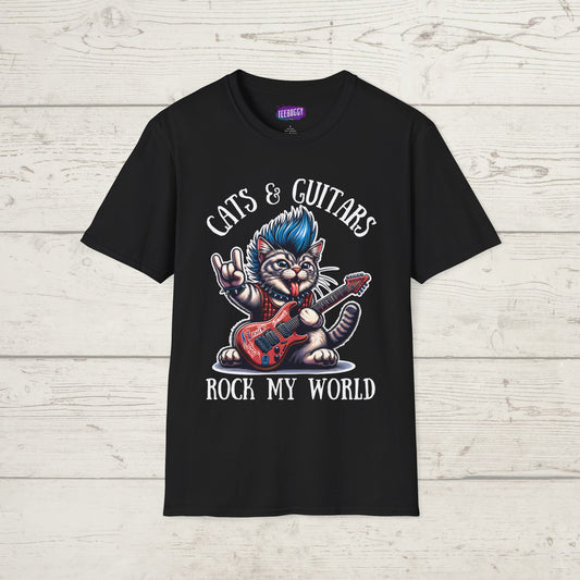 Rocker Cat T-Shirt with 'Cats & Guitars Rock My World' Slogan